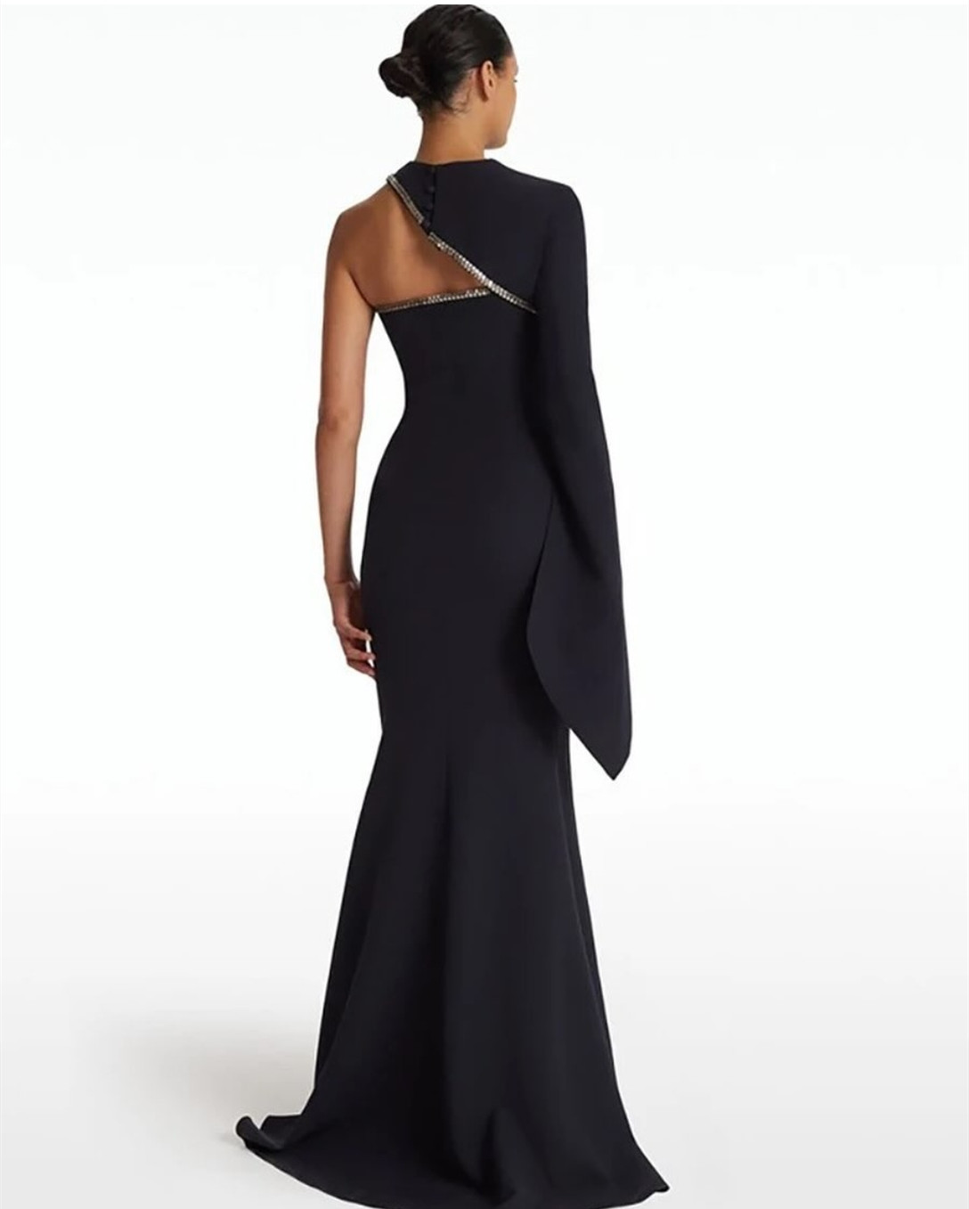 Elegante lange schwarze Perlen-Abendkleider im Meerjungfrau-Stil, aus Krepp, einschulterig, mit Sweep-Zug und Reißverschluss hinten, Ballkleider für Damen