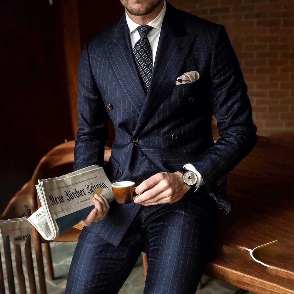 Chic Pinstripe Navy Blue Men Suits Set High Quality Formal Double Breasted Lapel Suit Slim Fit Smart Casual Tuxedo 240311