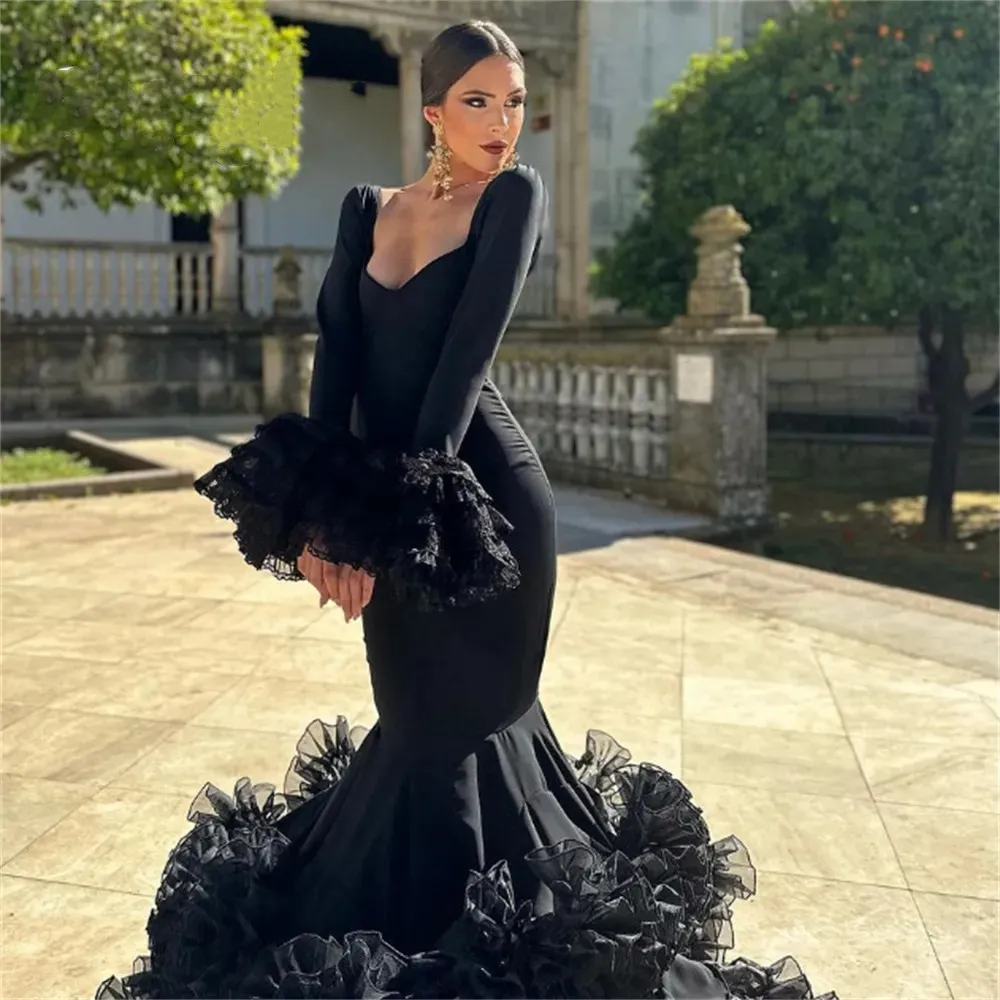 Spanish Flamenco Black Prom Dress Costume Mermaid Long Sleeve Evening Dress 2023 For Dancer Night Ceremony Gothic Party Gowns