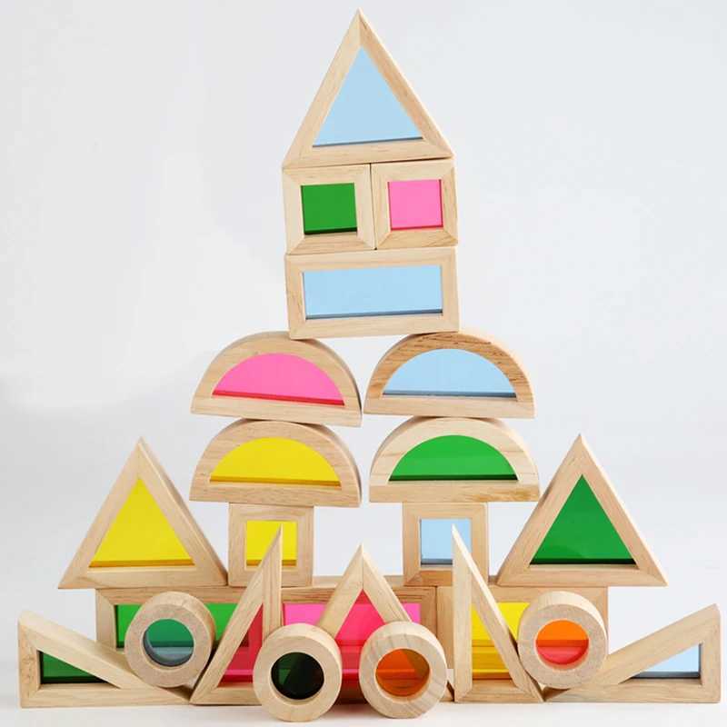 Sortera häckande stapling leksaker Rainbow Block Transparent akryl Stapling Toy Solid Wood Building Crane Montessori Childrens 24323