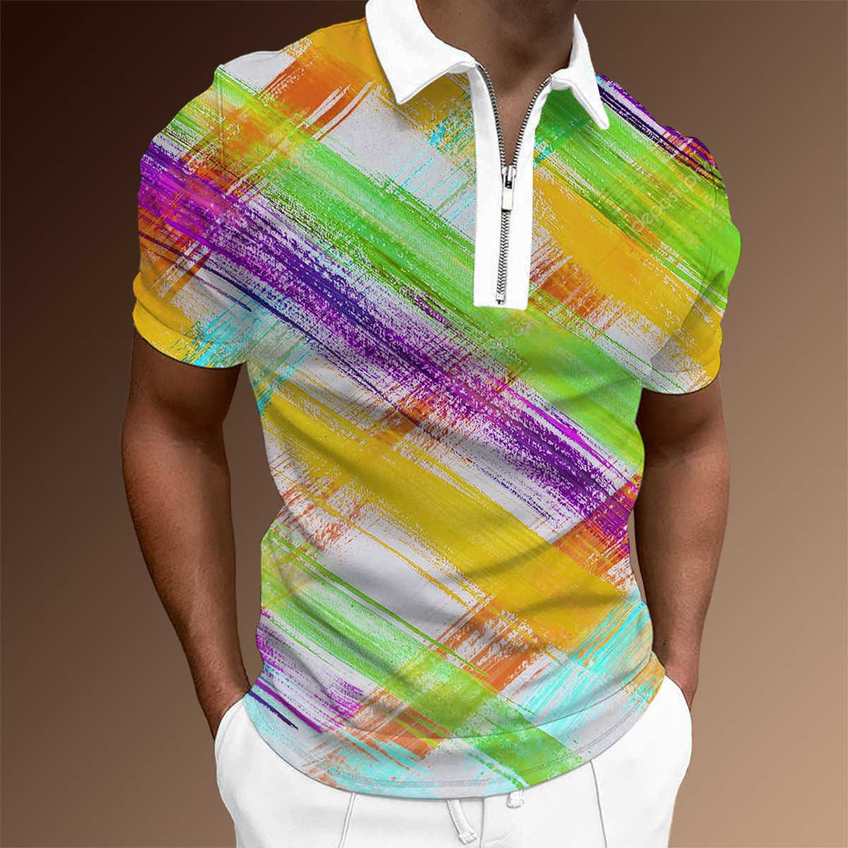 2024 YENİ STRIPE 3D BASKI POLO YALA KISA KULLANIM KÜÇÜK KÜÇÜK TITLI MENS T-SHIRT ZIPPER Polo