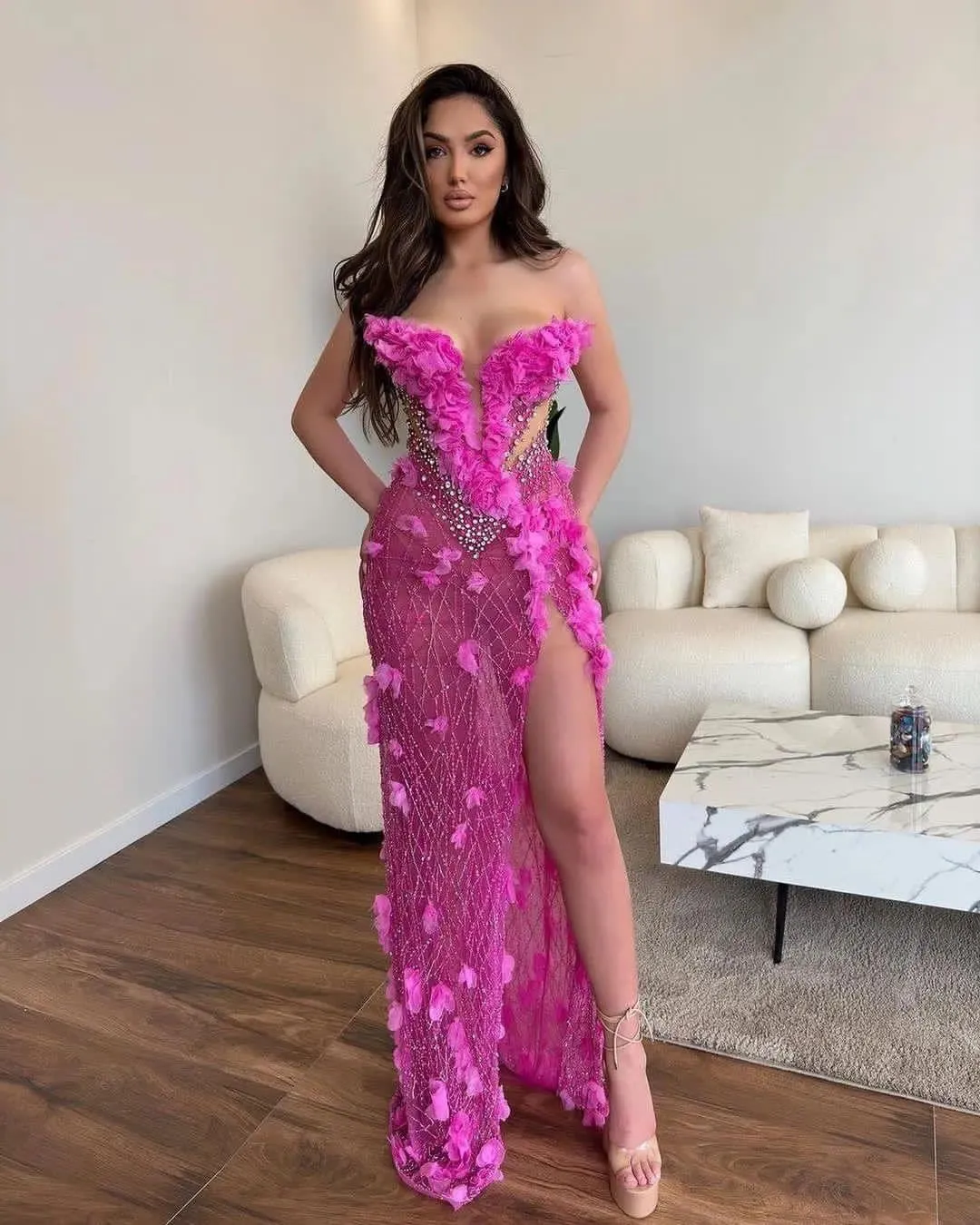 2023 August Aso Ebi Fuchsia Mermaid Prom Dress Crystals High Split Evening Formal Party Second Reception Birthday Engagement Gowns Dresses Robe De Soiree ZJ7111