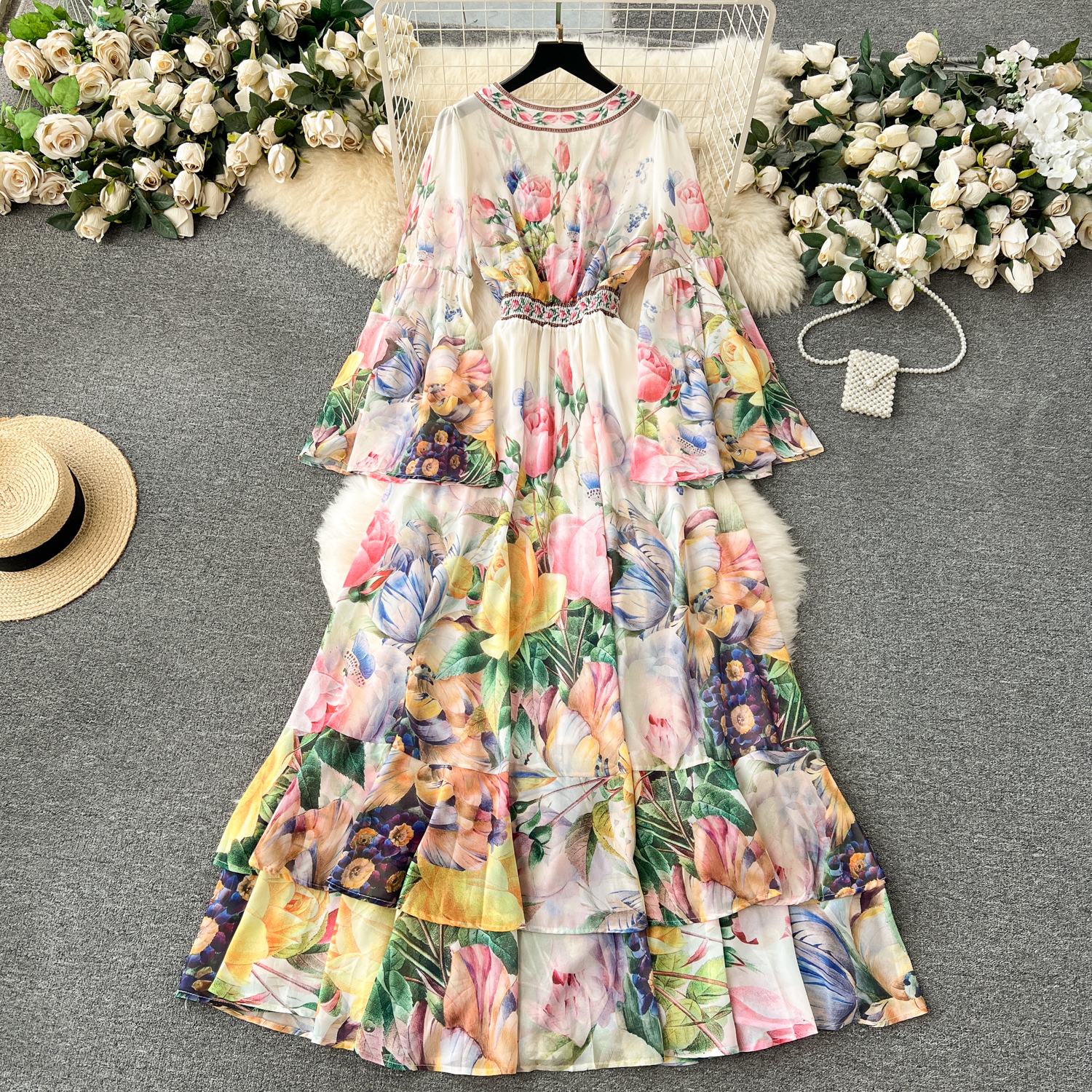 Basic Casual Dresses Summer Bohemain Gorgeous Flower Cascading Cake Dress Women's V-Neck Long Flare Sleeve Floral Print Holdiay Chiffon Vestidos 2024