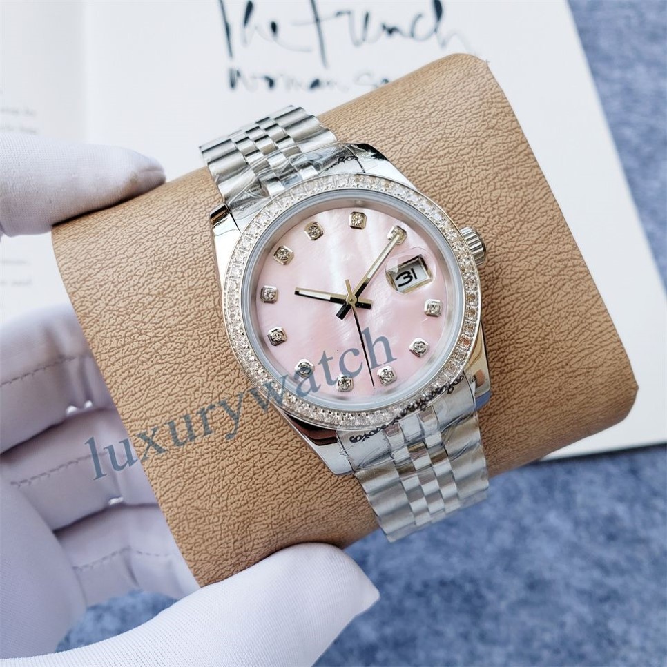 Relógio feminino rosa mecânico diamante relógios de natal automático luxo relógios rosa ouro tamanho 36mm vidro safira à prova dwaterproof água desig244k