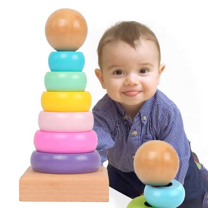 Sortera häckning Stapling Toys Childrens Rainbow Tower Ferry Wood Toy Circle Baby Education Puzzle Ring Montessori Children 24323