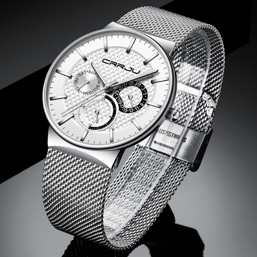 الساعات الرجالية Crrju Top Brand Luxury Ruitproof Ultra Date Think Clock Slay Steel Strap عرضة كوارتز مشاهدة White Sport Wristwatch L165S