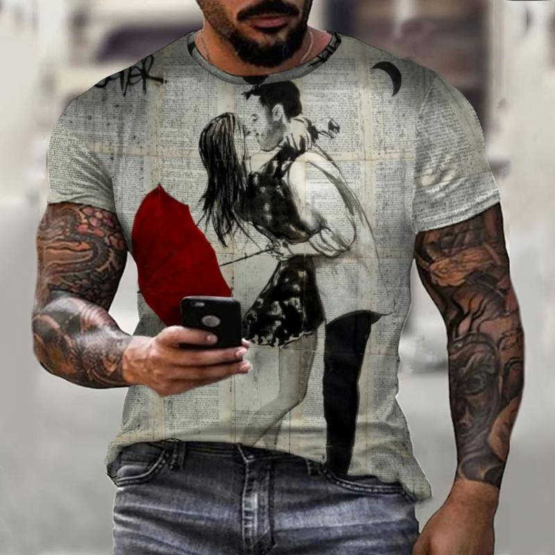 T-shirt imprimé numérique avec portrait de couple pour hommes, haut décontracté à manches courtes, tendance