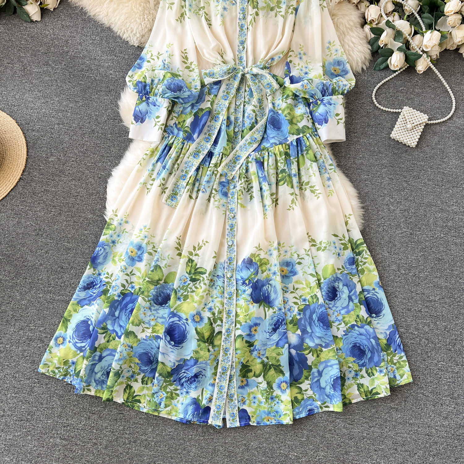 Grundlegende Freizeitkleider Wunderschönes Blumen-Flowy-Chiffon-Kleid Frauen Stehen Laternenärmel Einreiher Blumendruck Gürtel Schnürung Lange Robe Vestidos 2024