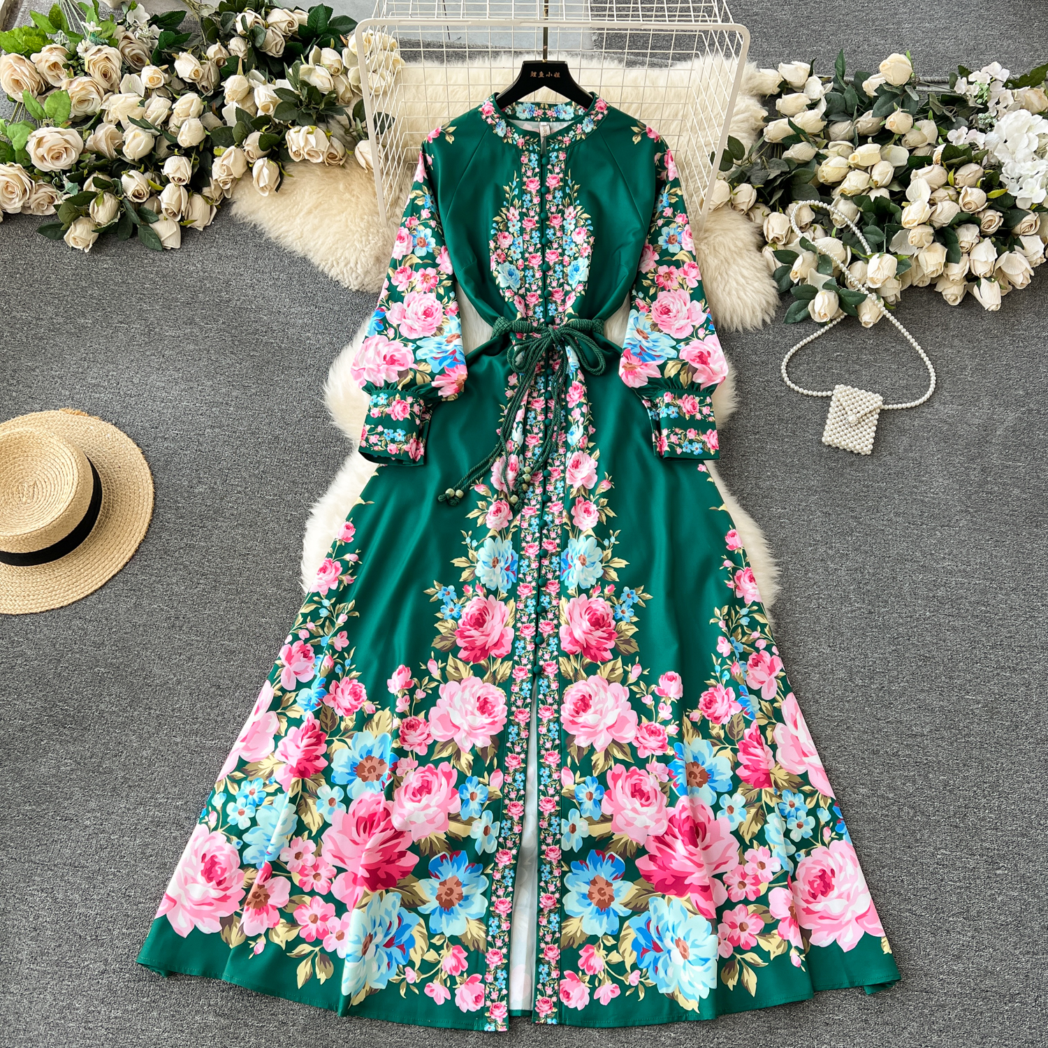 Basic Casual Dresses Fashion Runway White Blue Green Long Dress Women Stand Lantern Sleeve Single Breasted Floral Print Lace Up Boho Vestidos 2024