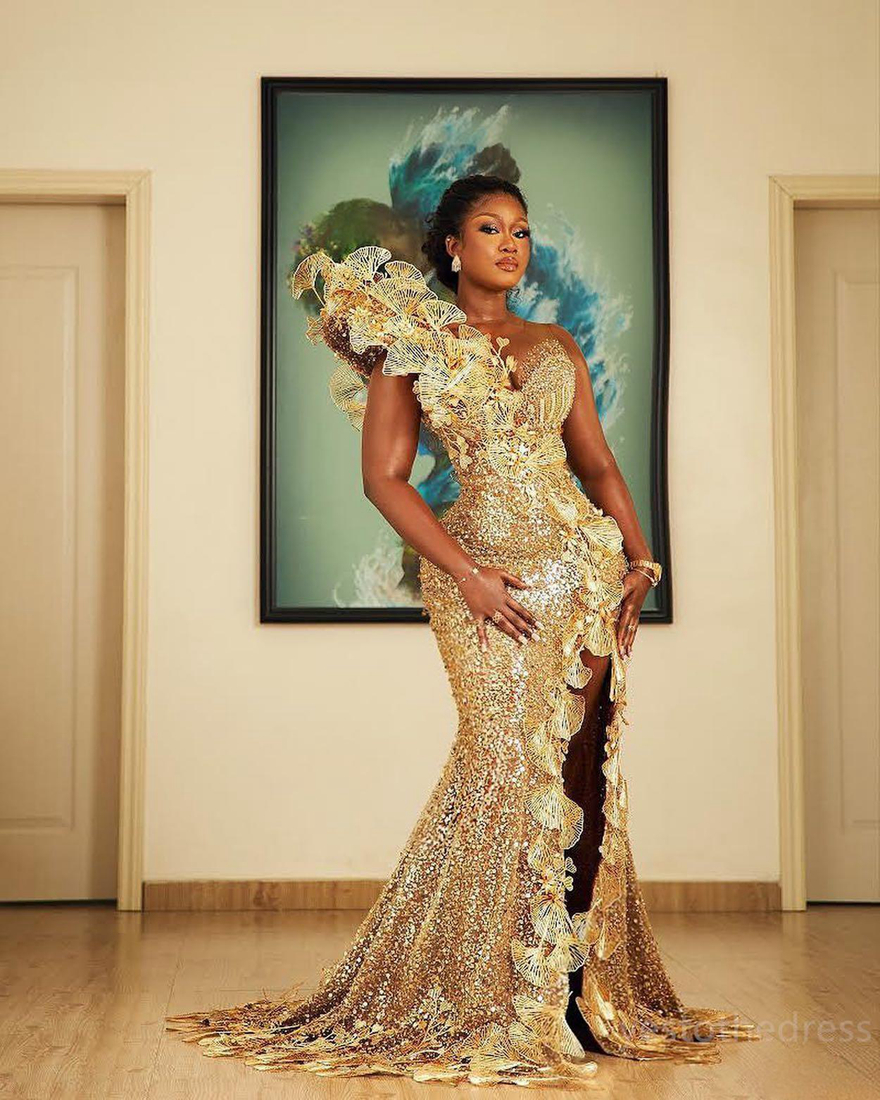 2024 Gold Plus Size Aso Ebi Prom -klänningar för svarta kvinnliga kvällsklänningar Sequined Lace Mermaid Sexig sida Split Birthday Party Dress Reception Engagement GOWNS AM584