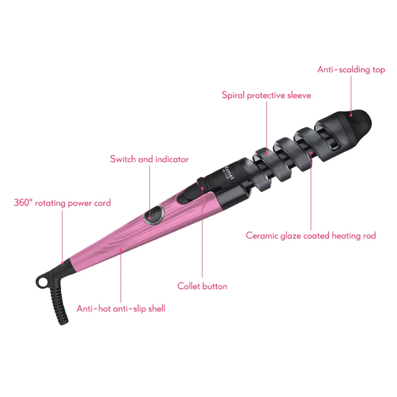 Irons Kemei Electric Hair Curler 110220V 45W Profesjonalny spiralny zwijany żelazna różdżka Curl Styler Styler Narzędzia do włosów