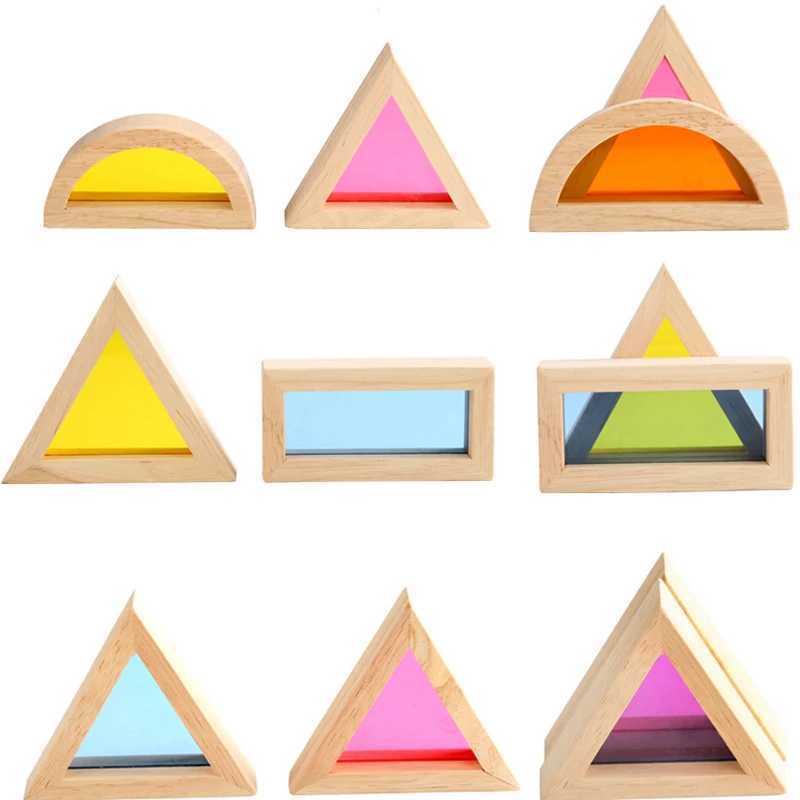 Sortera häckande stapling leksaker Rainbow Block Transparent akryl Stapling Toy Solid Wood Building Crane Montessori Childrens 24323