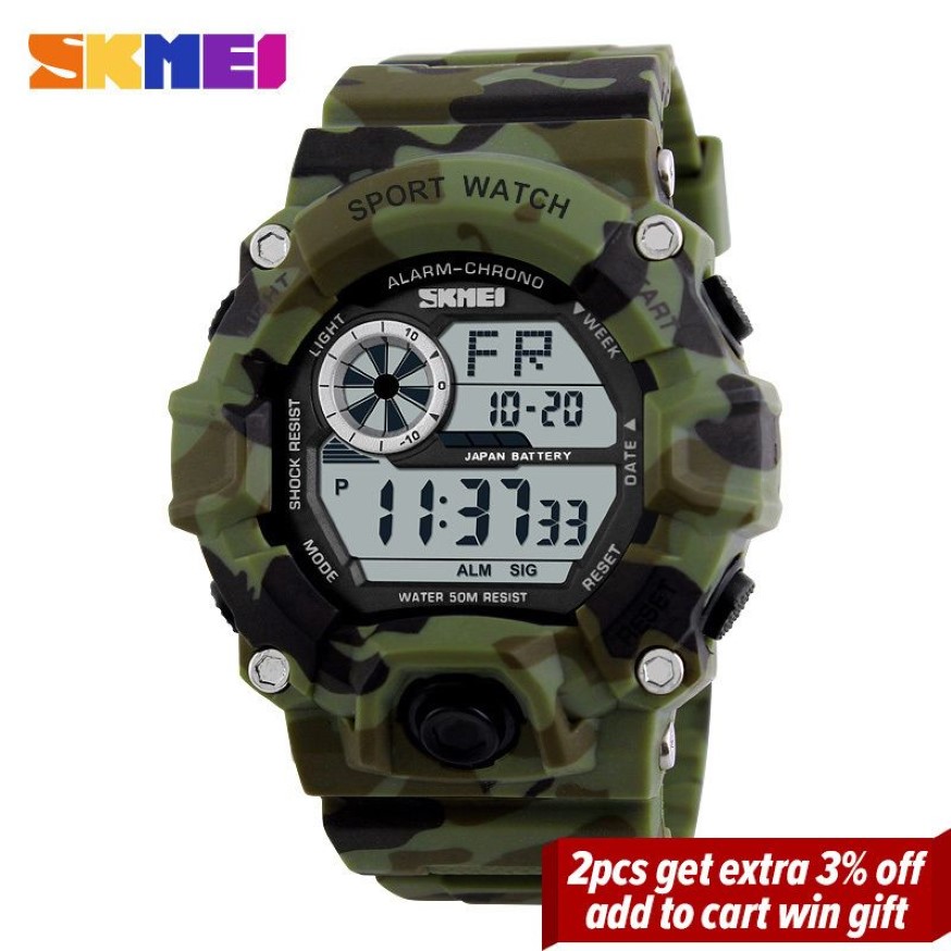 SKMEI Outdoor Sport Horloge Heren Wekker 5Bar Waterdichte Militaire Horloges LED Display Shock Digitale Horloge reloj hombre 1019 20113208C