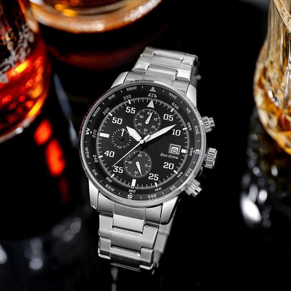 Eco-drive chronographe homme luxe affaires Bracelet en acier inoxydable calendrier montre à Quartz 261p
