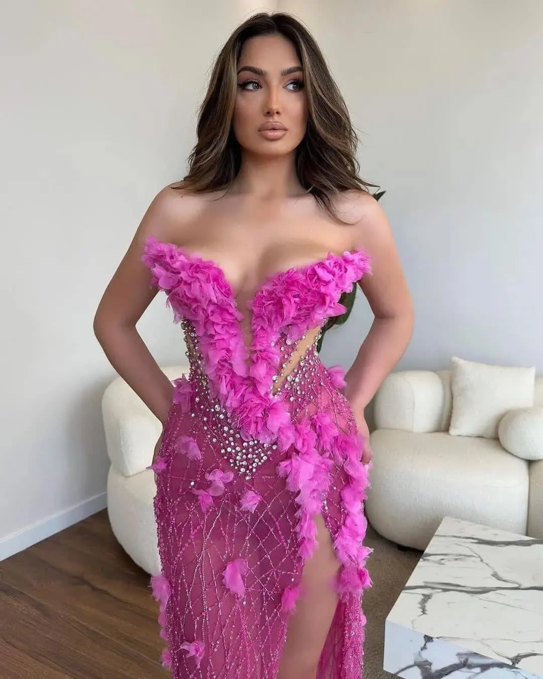 2023 August Aso Ebi Fuchsia Mermaid Prom Dress Crystals High Split Evening Formal Party Second Reception Birthday Engagement Gowns Dresses Robe De Soiree ZJ7111