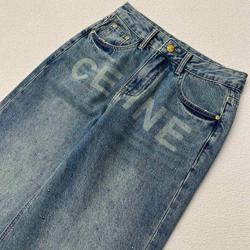 Neue heiße Diamantjeans für Damen, modische, mit Buchstaben bedruckte Hose mit geradem Bein für minimalistische Frauen