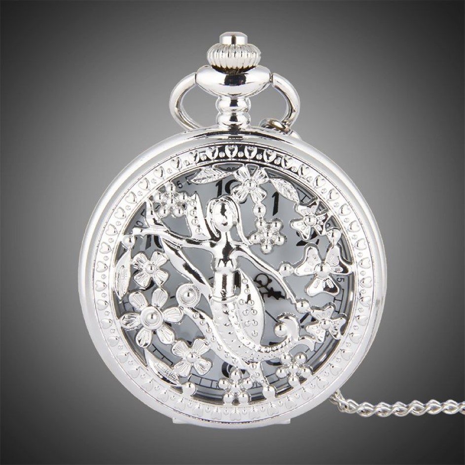 Orologio da tasca TFO Petali cavi in argento circondano danzanti sirena design pendente collana regalo di moda da donna219E