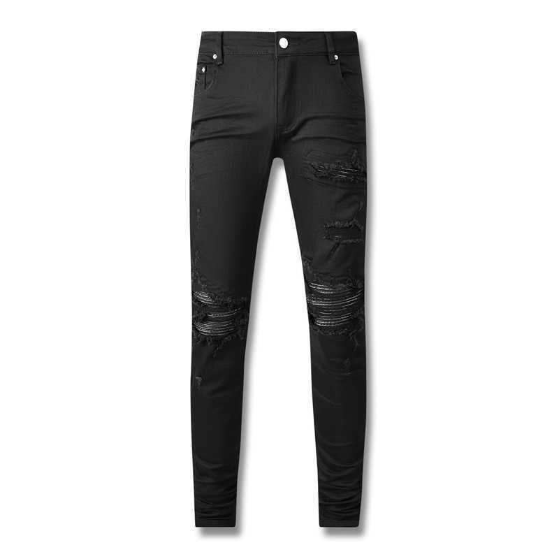 American style high street black new distressed patchwork leather live streaming internet celebrity jeans 602