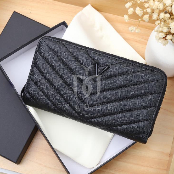 Luxury Designer Wallet Leather Wallet Women's Zip Long Card Holder Coin Purse V Line Single Pull Clutch Real Leather Pures Black