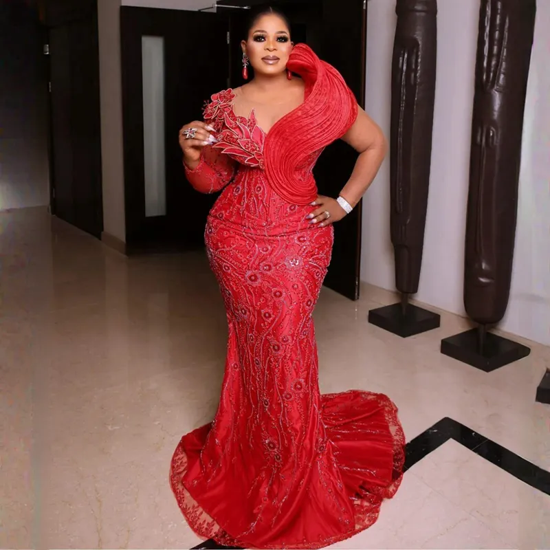 African Arabic Plus Size Aso Ebi Prom Dresses Mermaid Red Evening Formal Dress for Special Occasions Black Women Promdress Lace Beaded Birthday Party Gowns ST669