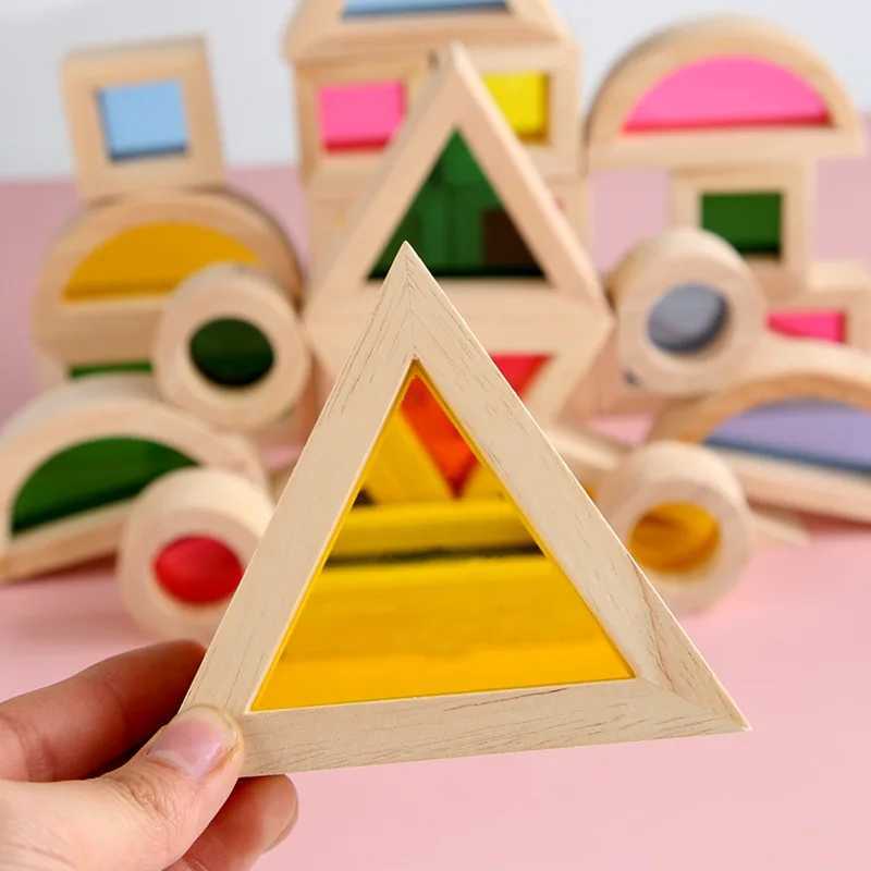 Sortera häckande stapling leksaker Rainbow Block Transparent akryl Stapling Toy Solid Wood Building Crane Montessori Childrens 24323