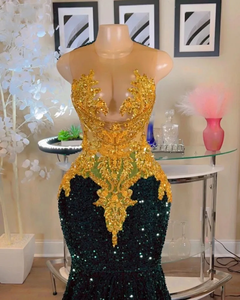 Sparkly Dark Green Mermaid Prom Dresses For Arabic Women 2023 With Gold Applique Party Gowns Long Evening Dress Vestidos De Graduacion