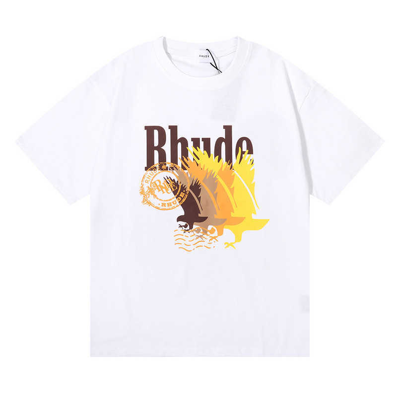 23ss Fashion Brand Rhude Gradient Color Bird Printing Short-sleeved T-shirt for Men and Women High Street Loose Half-sleeved ShirtRCTORCTO