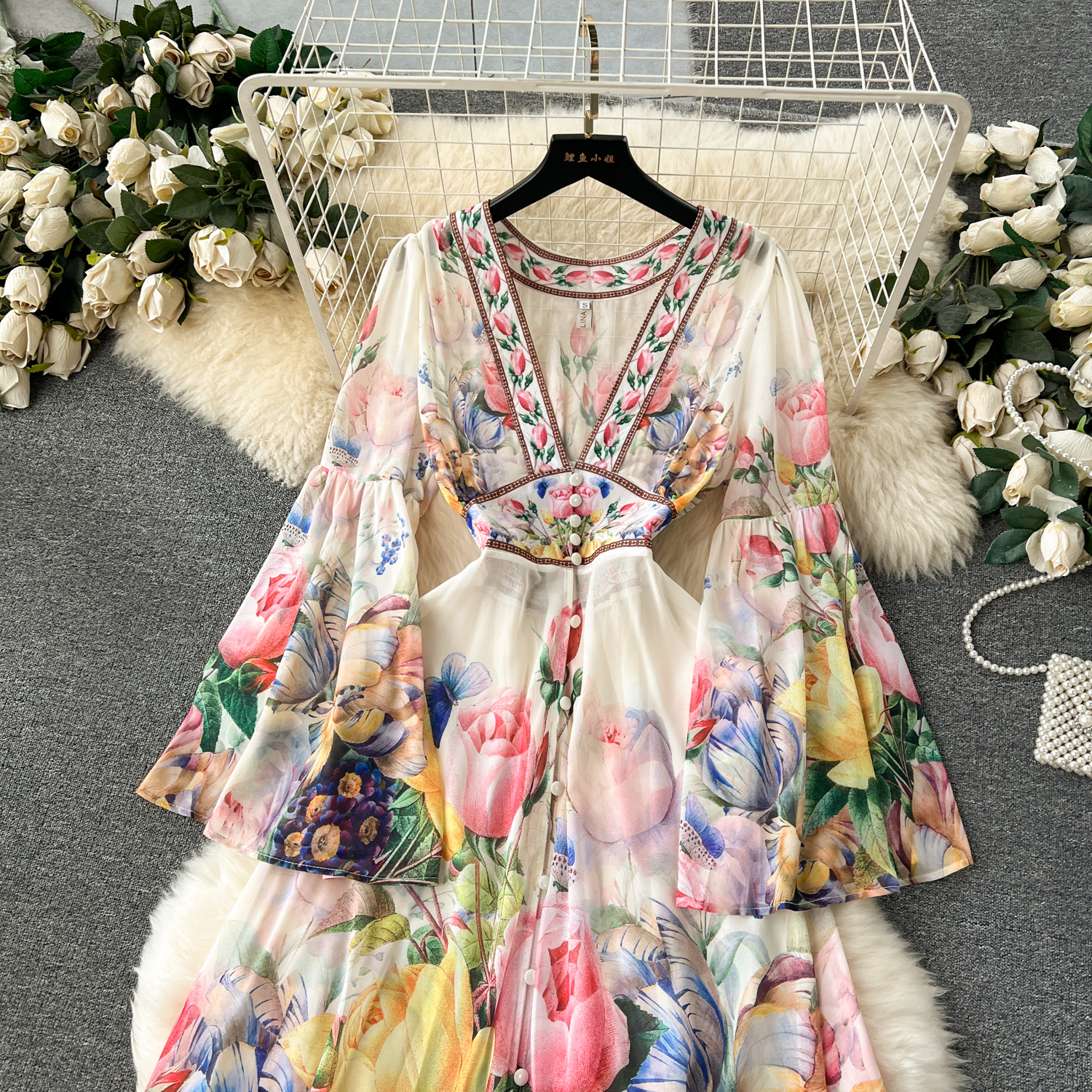 Basic Casual Dresses Summer Bohemain Gorgeous Flower Cascading Cake Dress Women's V-Neck Long Flare Sleeve Floral Print Holdiay Chiffon Vestidos 2024