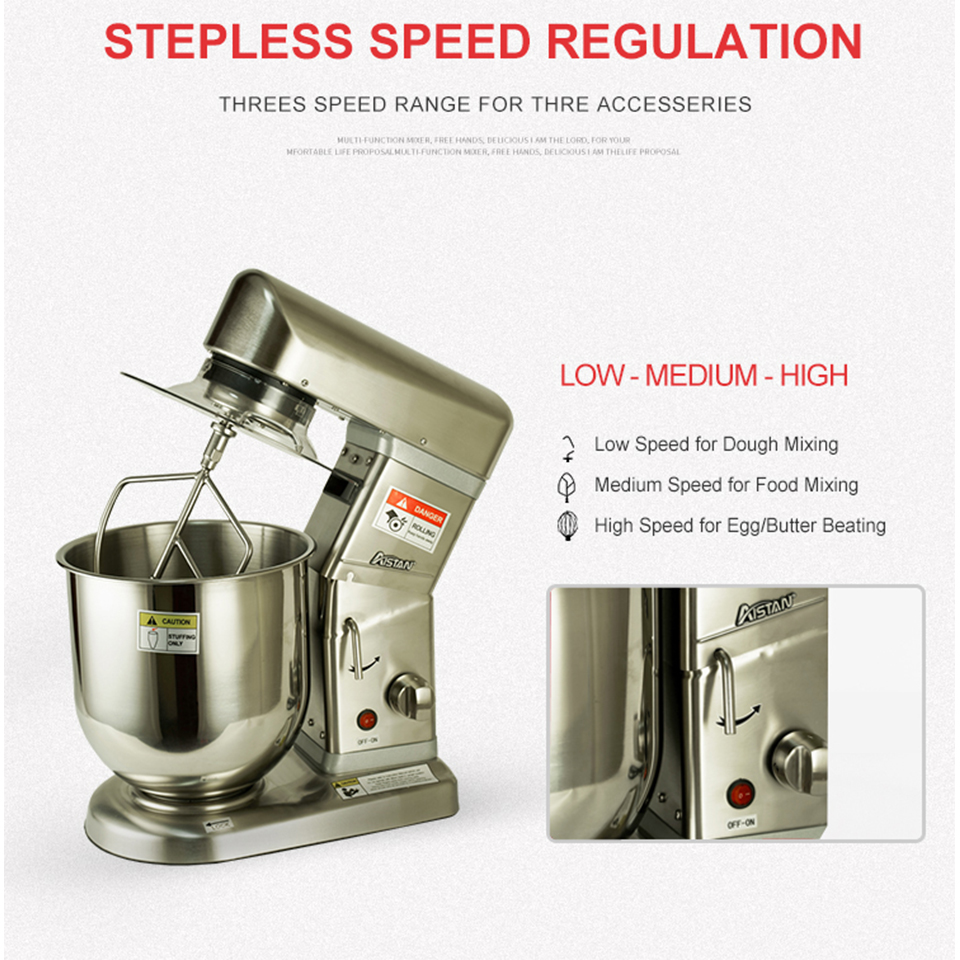 Batedeira elétrica, 5/7/10 quartos, gancho de massa, acessórios de batedor plano, velocidades CVT de proteção contra respingos com batedor, aço inoxidável