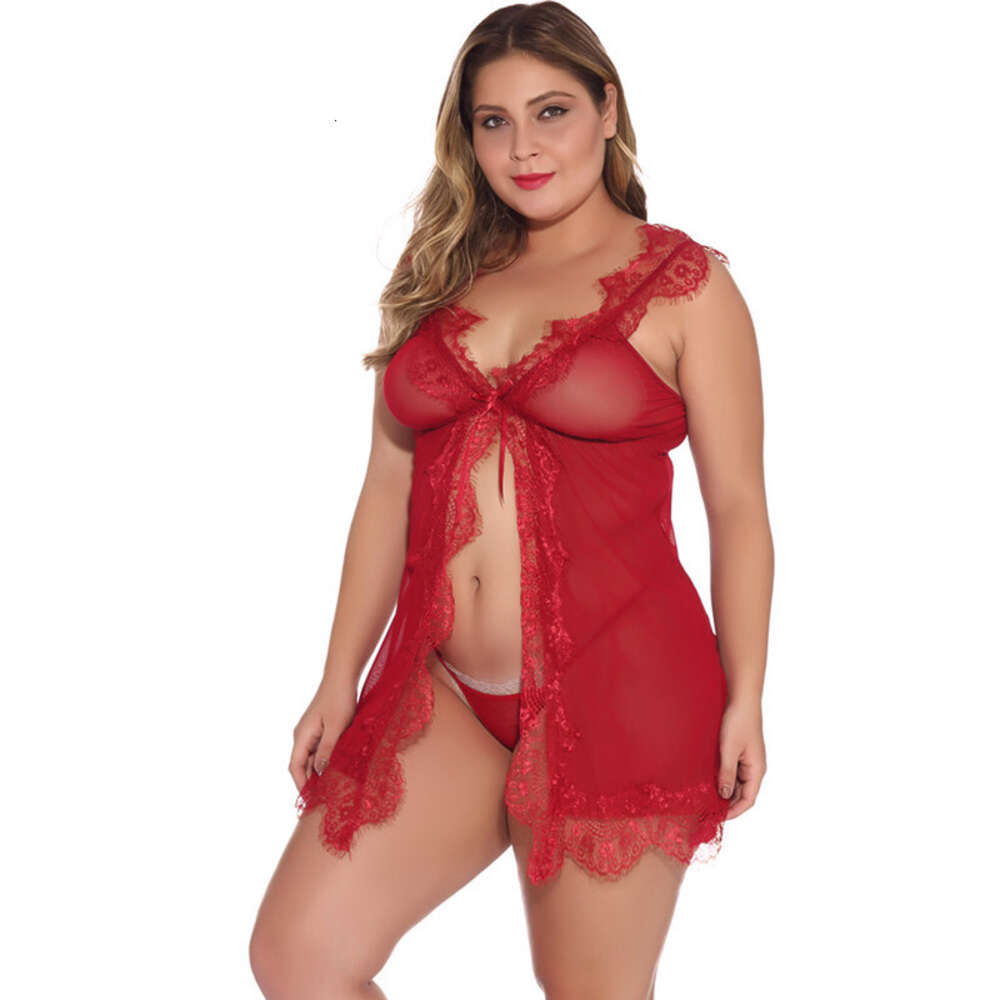 Lingerie sexy grande tamanho gordo, saia curta de renda frontal aberta, camisola feminina 135106