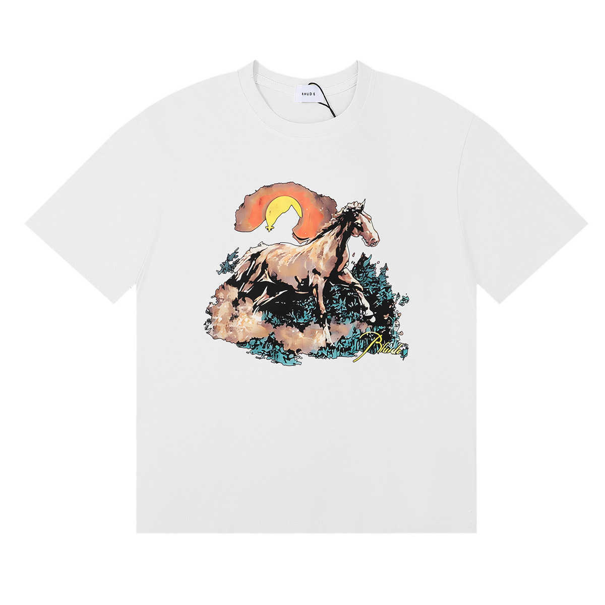 2024年春/夏、新しいrhude馬のサンセットプリントサント高品質のTシャツ男性と女性のためのハーフスリーブ