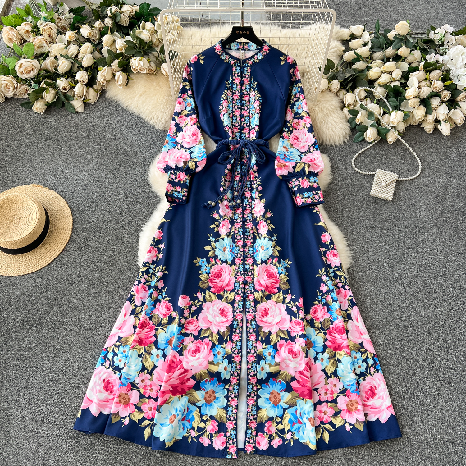 Basic Casual Dresses Fashion Runway White Blue Green Long Dress Women Stand Lantern Sleeve Single Breasted Floral Print Lace Up Boho Vestidos 2024
