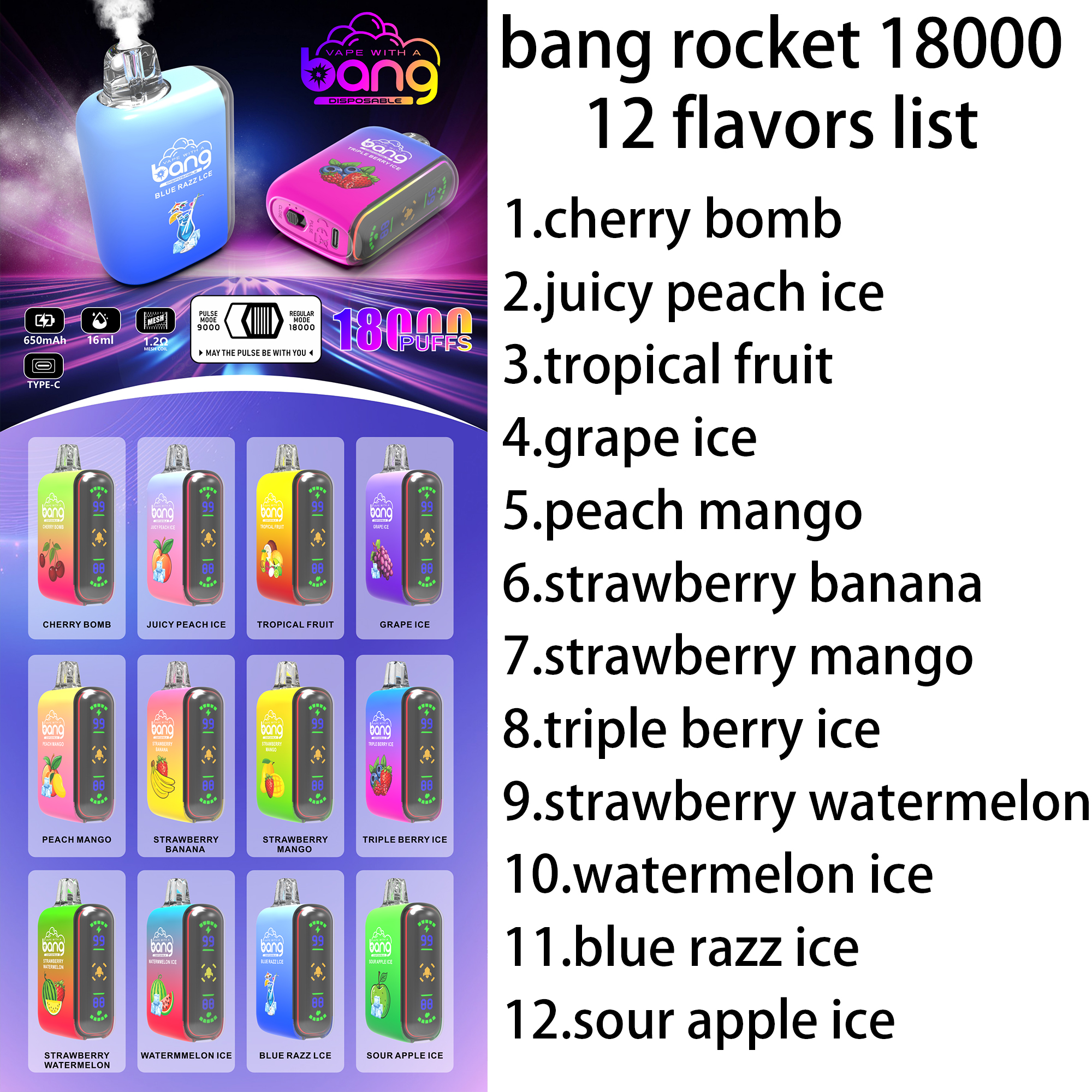 Original Bang Rocket 18000 Puff Disposable Vape Box Kit Dual Mode Puffs 18K 9K uppladdningsbart nätspole E-cigaretter 0% 2% 3% 5% Vaper 12 Flavors Bang King 9K till 18K