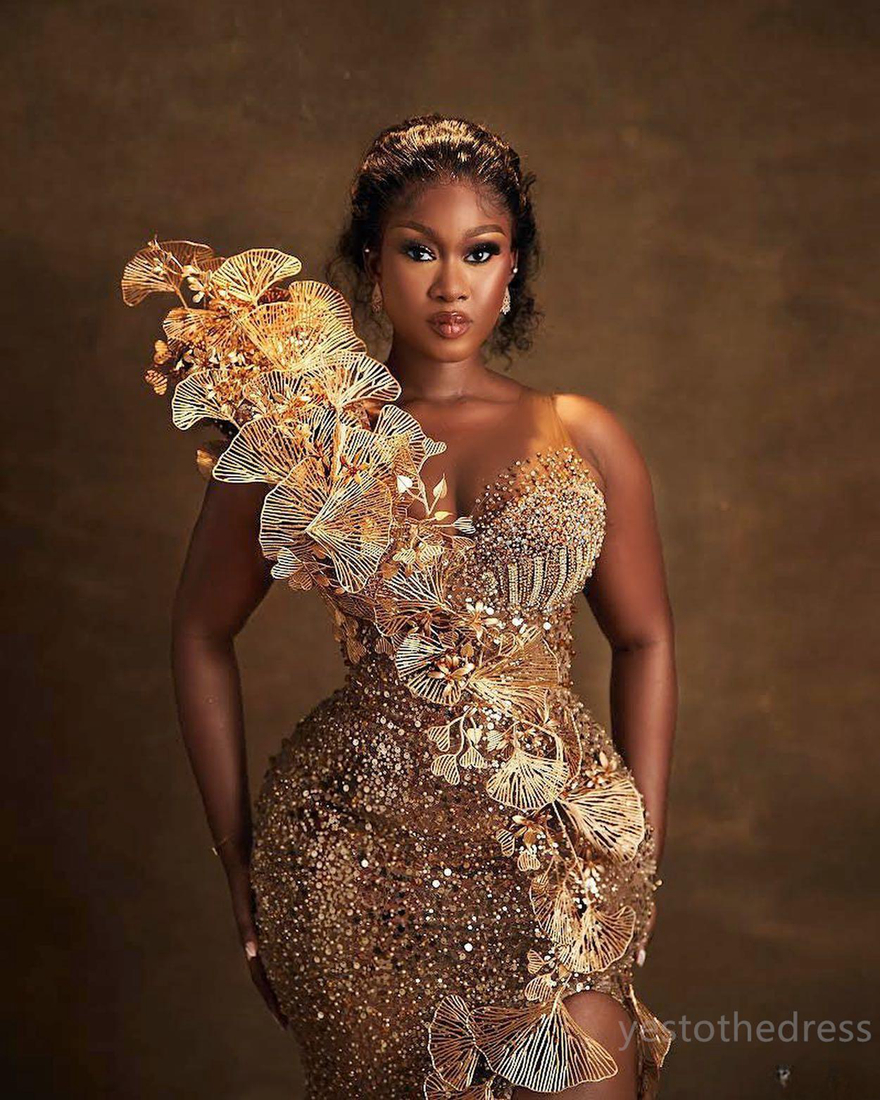 2024 Gold Plus Size Aso Ebi Prom Kleider für schwarze Frauen Abendkleider Pailletten Mermaid sexy Seite Split Birthday Party Kleider Empfang Verlobungskleider Am584