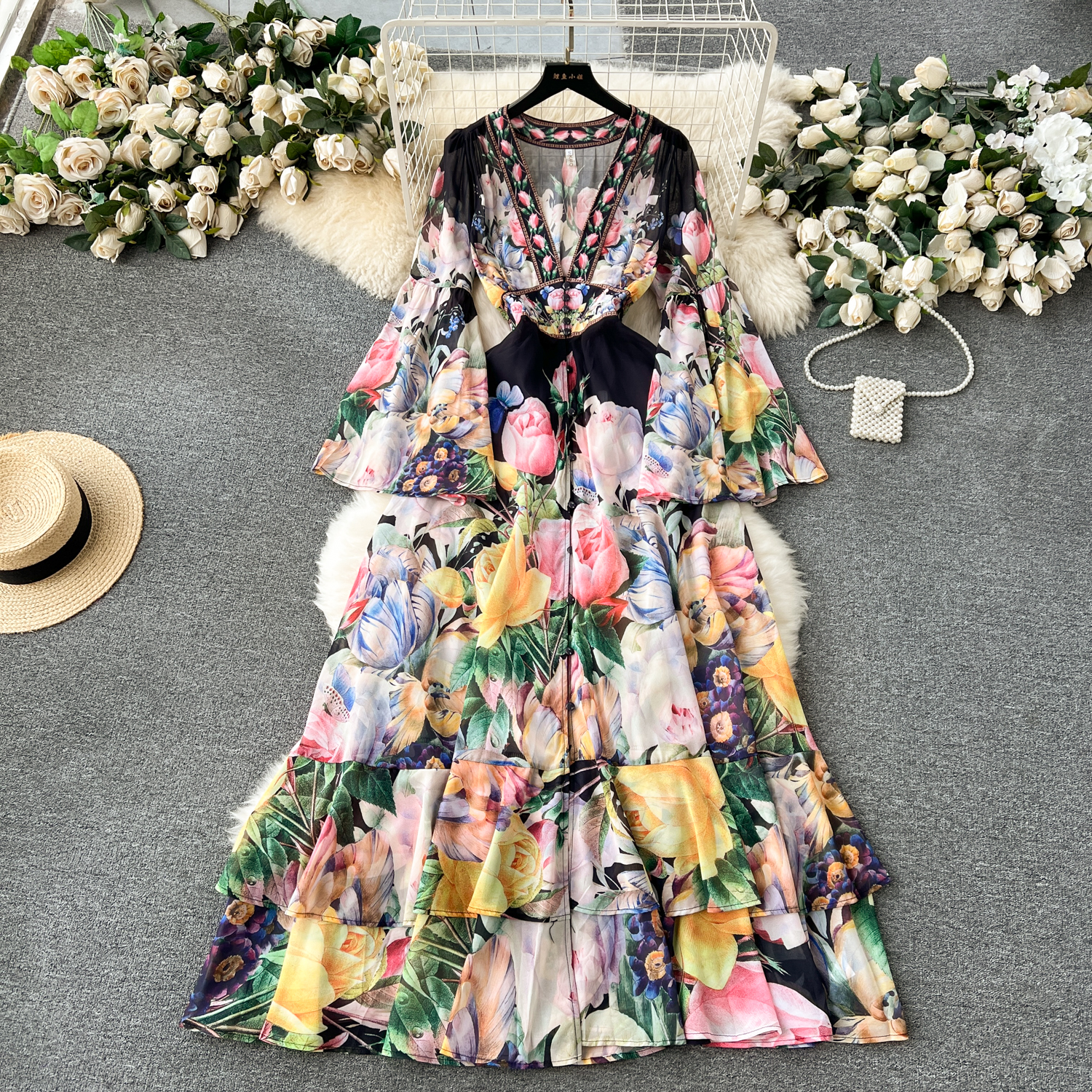 Basic Casual Dresses Summer Bohemain Gorgeous Flower Cascading Cake Dress Women's V-Neck Long Flare Sleeve Floral Print Holdiay Chiffon Vestidos 2024