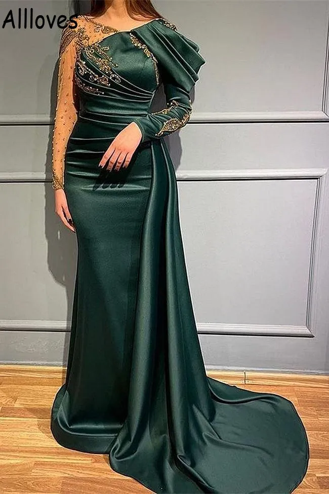 Dark Green Arabic Aso Ebi Prom Dresses Sparkly Crystals Beaded Long Sleeves Formal Evening Gowns Ruched Peplum Elegant Satin Special Occasion Party Dress CL1292