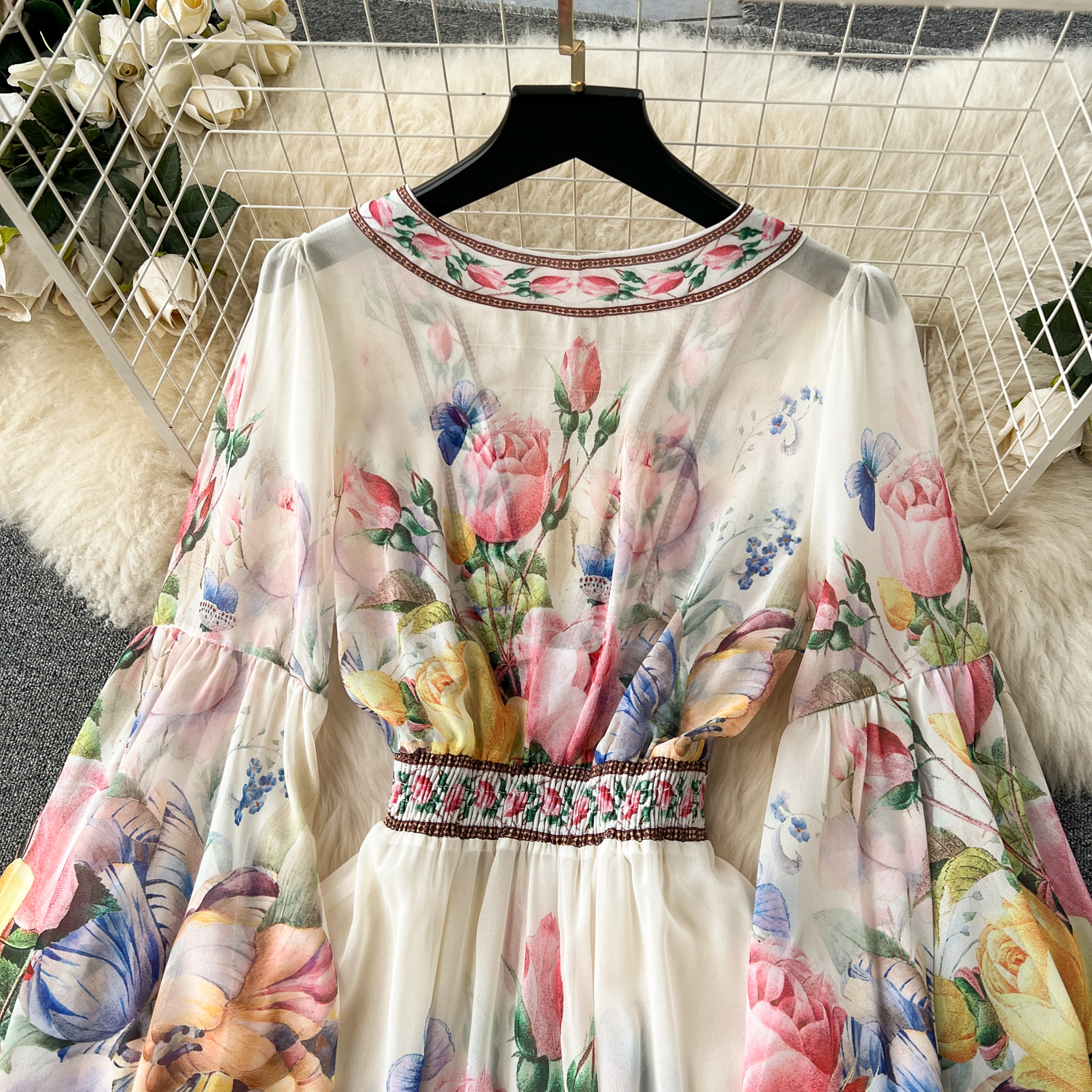 Basic Casual Dresses Summer Bohemain Gorgeous Flower Cascading Cake Dress Women's V-Neck Long Flare Sleeve Floral Print Holdiay Chiffon Vestidos 2024