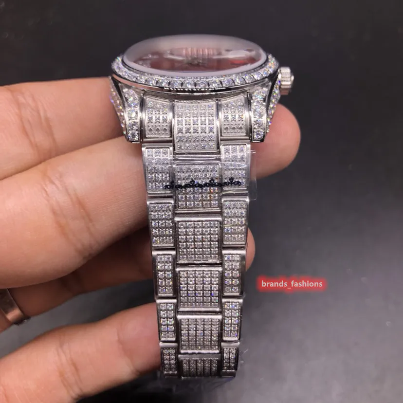 Boutique Men`s High Quality Iced Diamonds Watch Red Face Watch Silver Stainless Steel Diamond Case Automatic Mechanical Watch297Y