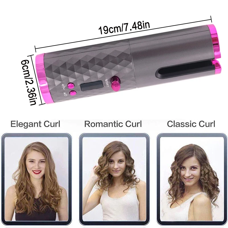 IRONS 5000MA قابلة لإعادة شحن الشعر التلقائي للنساء محمولة الشعر الشباك الحديد LCD عرض السيراميك مجعد الدوران