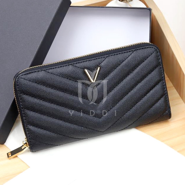 Luxury Designer Wallet Leather Wallet Women's Zip Long Card Holder Coin Purse V Line Single Pull Clutch Real Leather Pures Black