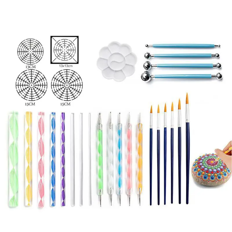 Wrap 2021 New Mandala Dotting Tools Kit for Painting Rock Stone Pen Art Paint Stencil Brush Tray