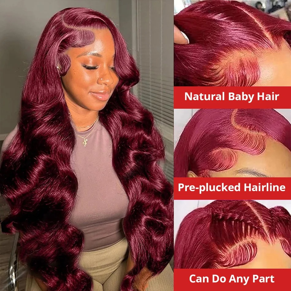 250 Density 99J Burgundy 13x6 Lace Frontal Wigs Remy Body Wave 30 40 Inch HD Transparent Human Hair Wigs for Women