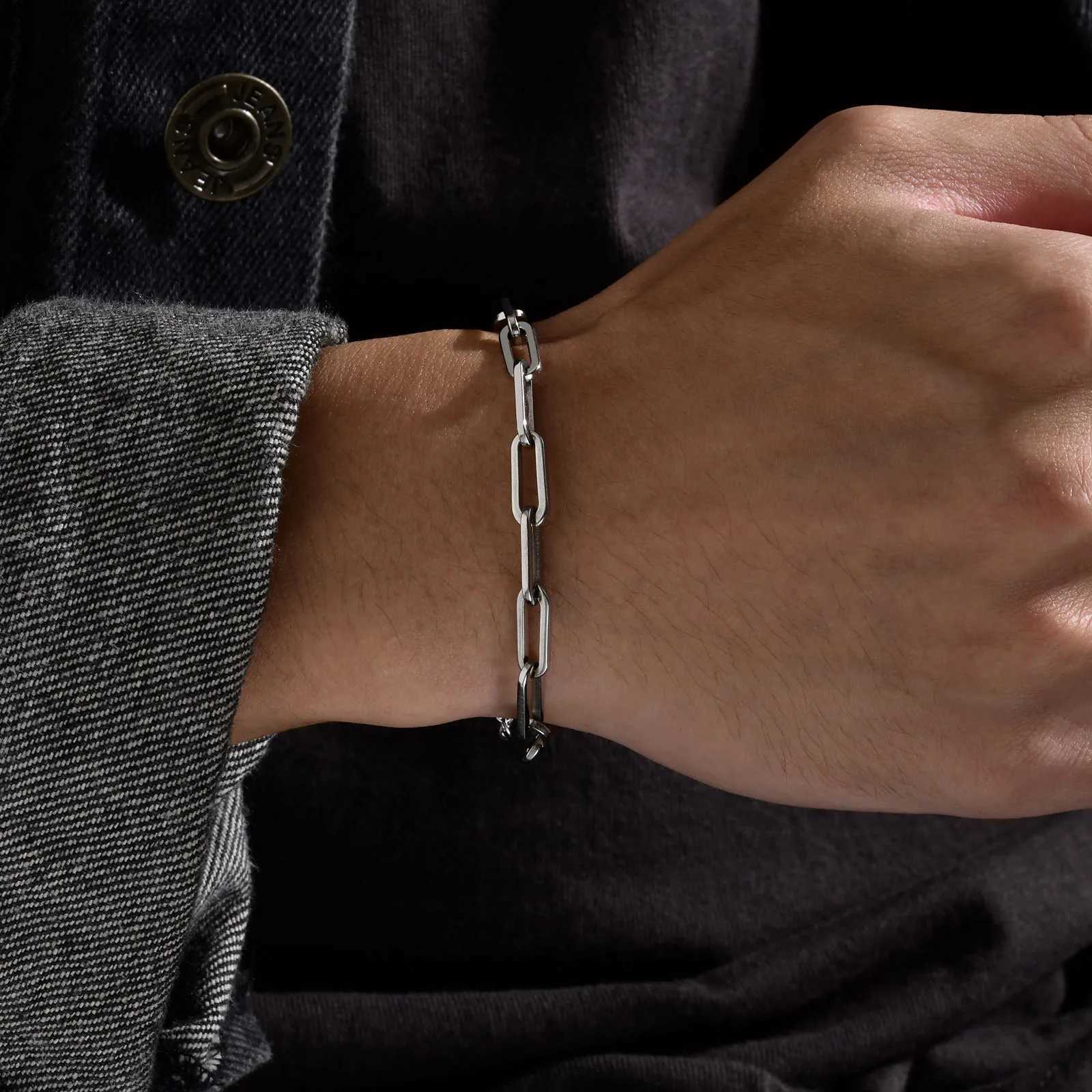 Chaîne Minimum 5 mm de large trombone rectangulaire bracelet de chaîne pour hommes bracelet de chaîne en acier inoxydable étanche longueur réglable 24325
