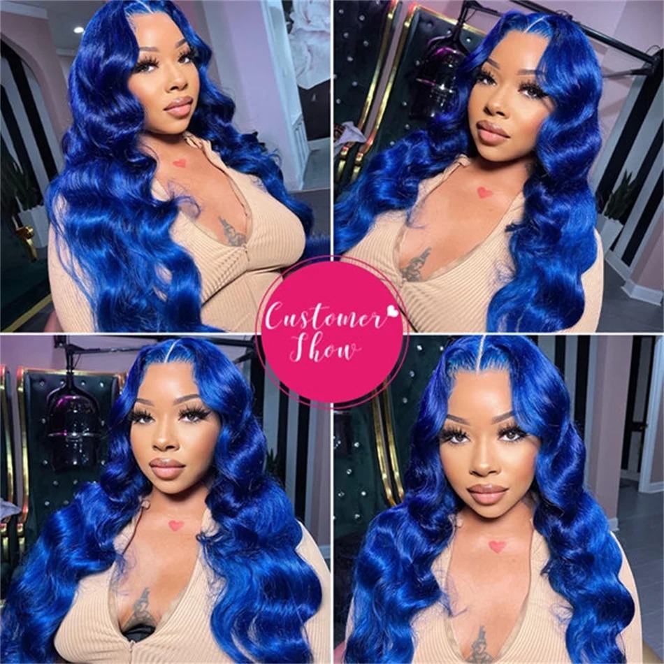 Sapphire Blue 13x4 Body Wave Glueless Spets Front Human Hair Wigs Dark Blue Colored HD Transparent Spets Frontal Wig Pre Plucked