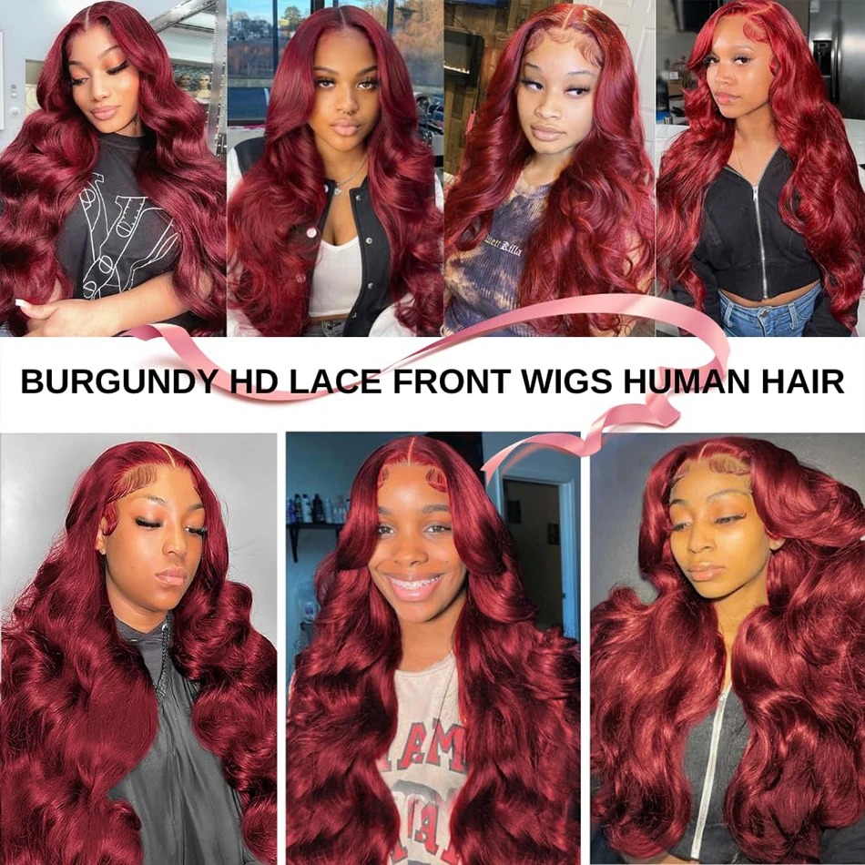 250 densité 99J Bourgogne Borgogne Wave Wigs 13x6 Perruque frontale en dentelle 13X4 CHEAUX humains avant 30 40 pouces Vin Rouge pour les femmes