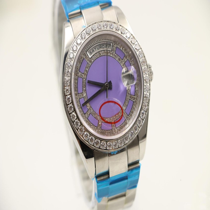 40mm Mens automatic Watches display round purple dial with diamond stainless watch case2837