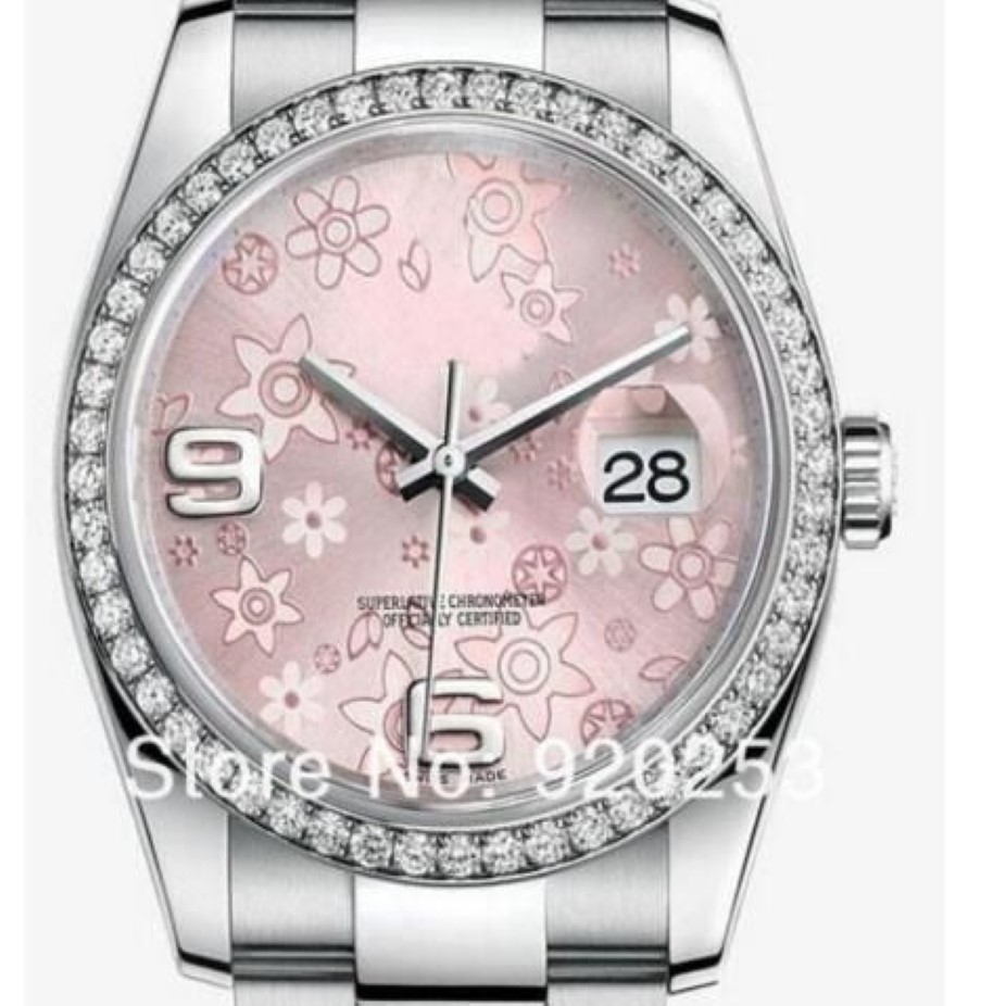 Hoogwaardige roze bloemkristal unisex nieuw arrivel automatisch mechanische pols horloge 36mm cadeau 116244302E