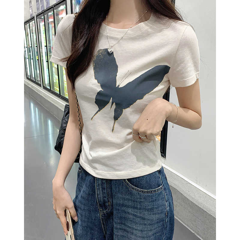 Snow Cotton Thin Short Sleeved T-shirt for Womens Versatile Summer Butterfly Print Front Shoulder Slimming 2024