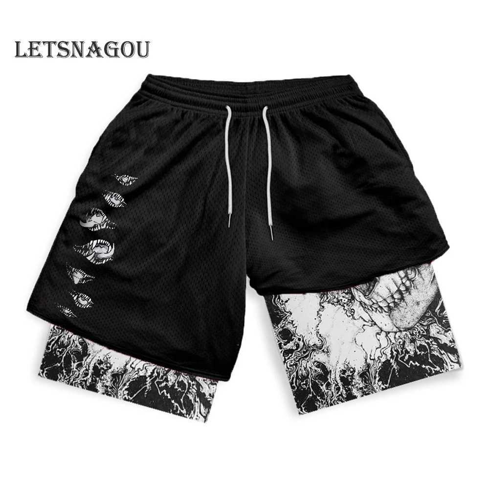 Shorts heren heren gecomprimeerde korte film anime printing dubbele laag 2-in-1 prestaties ademende snel drogende elastische training 24325