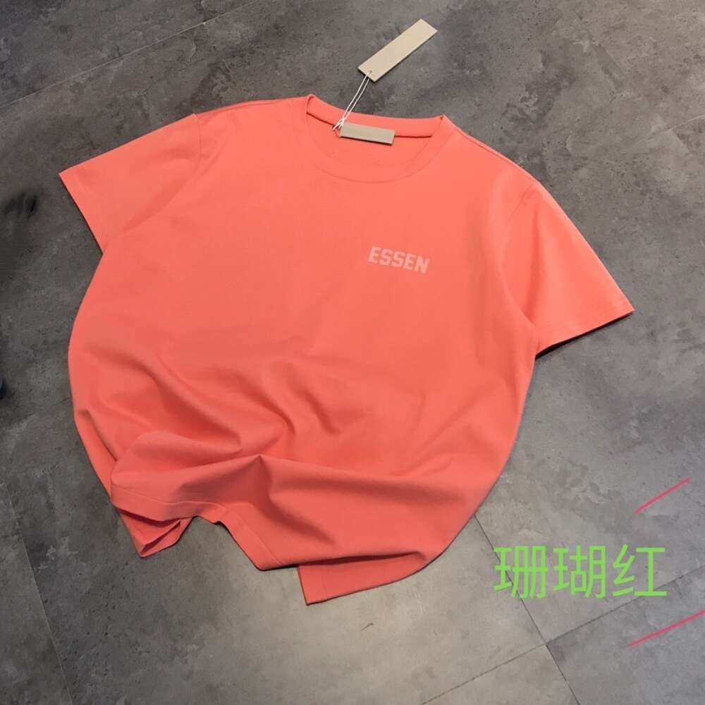 Jimo ESS Large Side Flocked Letter T Shirt Unisex Korean Loose Straight Tube Cotton Short Sleeved